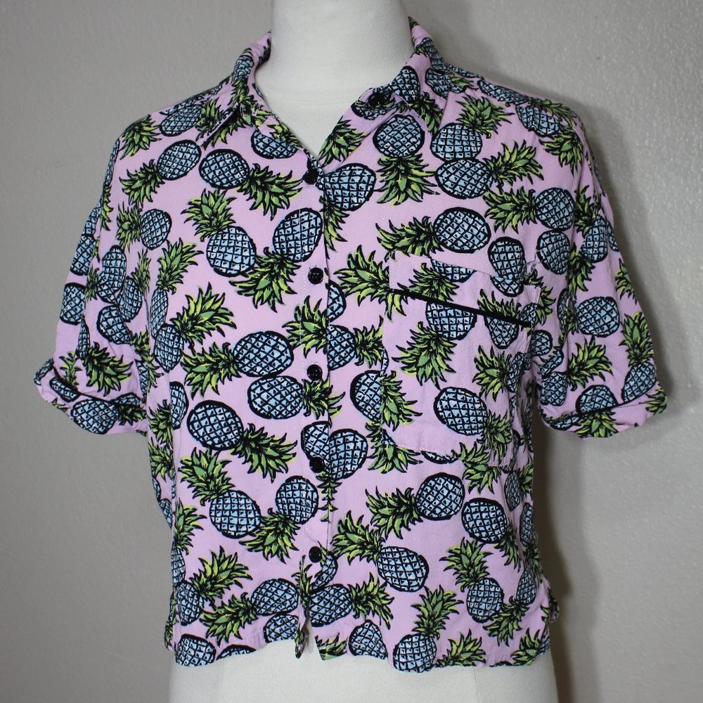 Forever 21 Pineapple Button Up Crop Top SZ Small